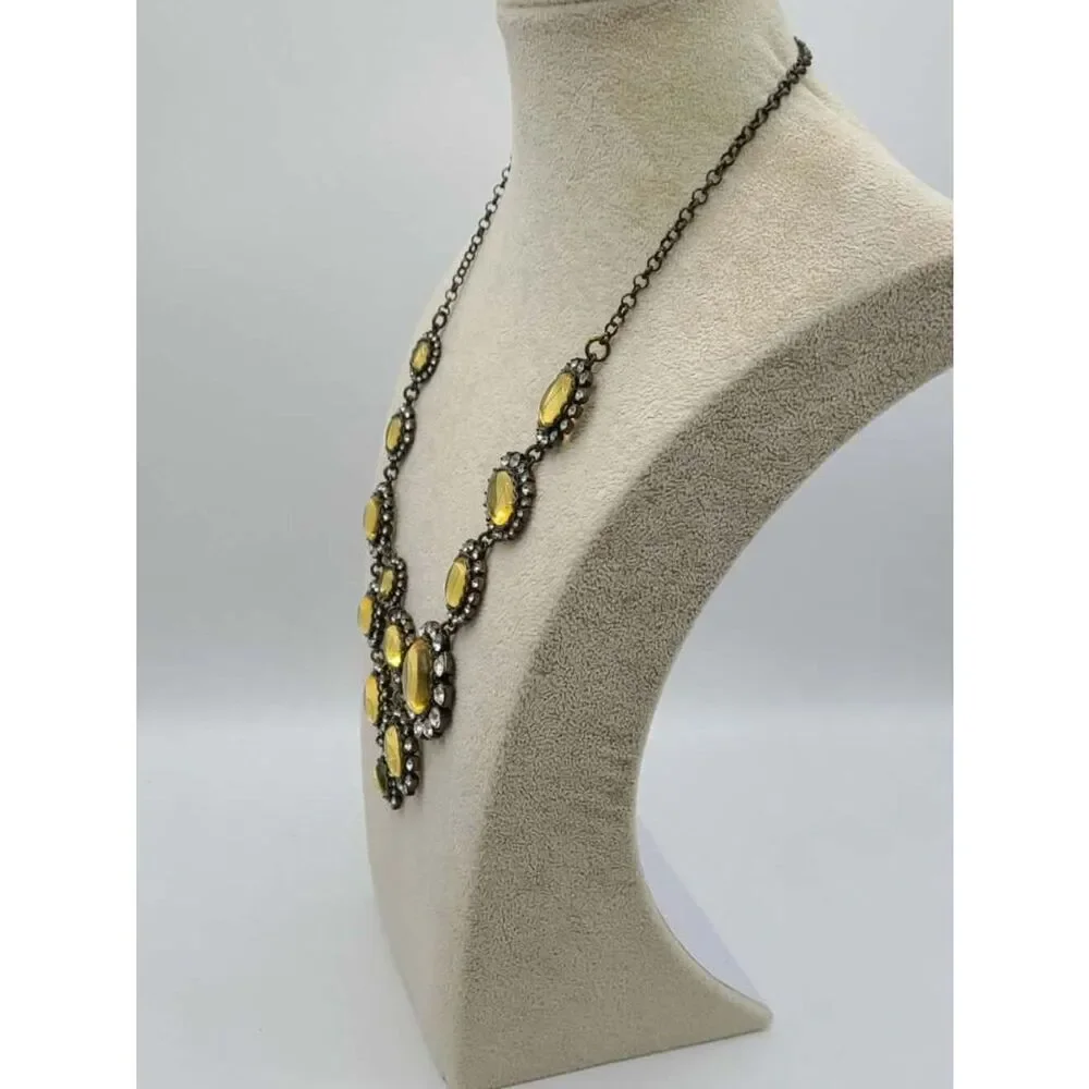 J Crew Antique Brass Look Statement Necklace with Gold & Clear Crystals
